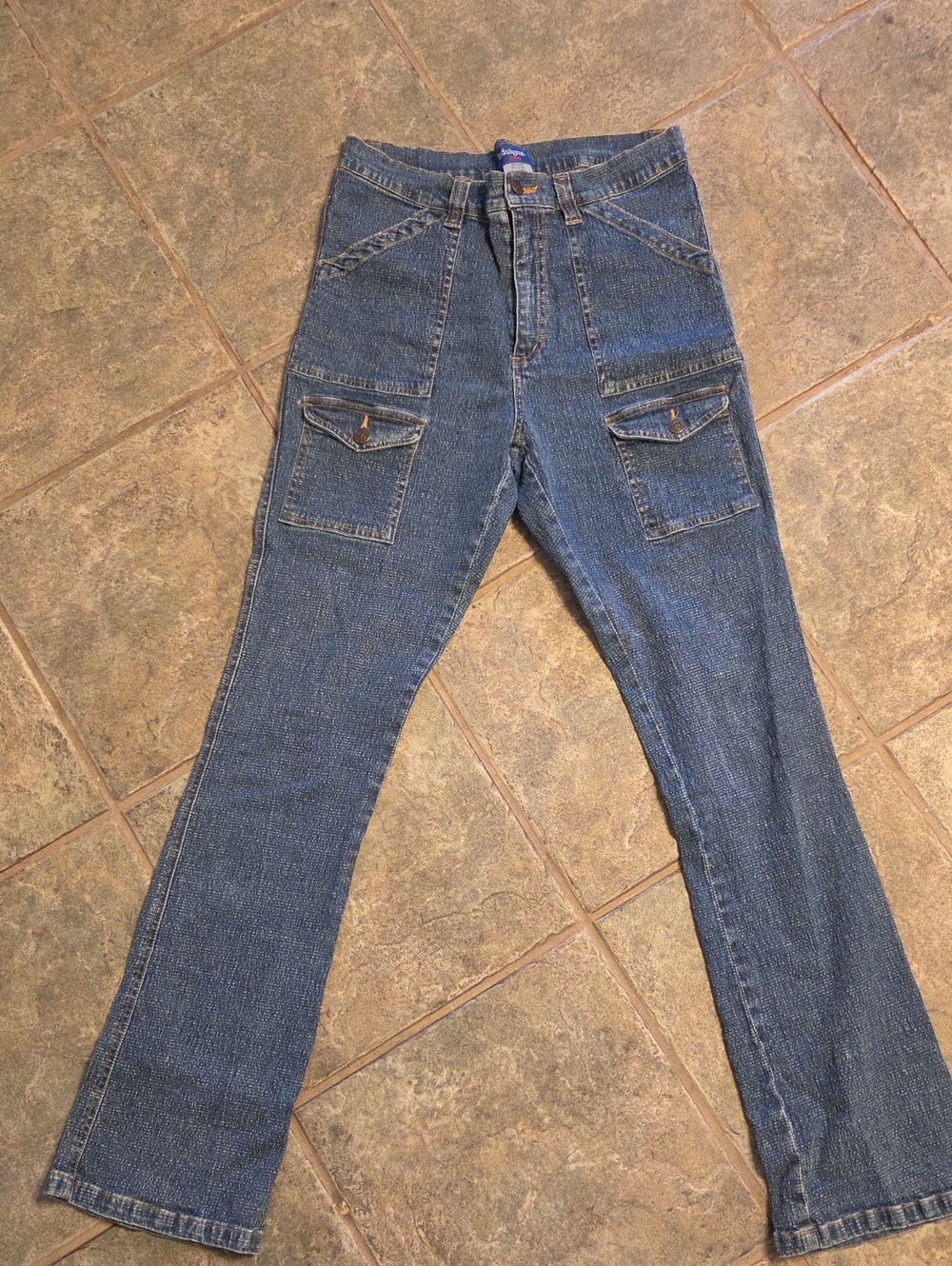 Indulgence Dark Blue High-Rise Flare Cargo Jeans with Button Flap Pockets